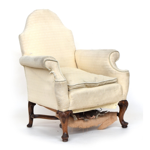 622 - A good 19th century armchair, domed back with outward scrolling arms, on shell capped cabriole legs,... 