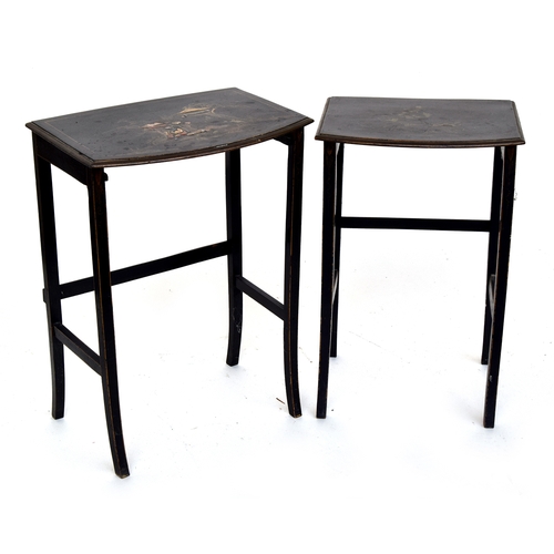 595 - A nest of two black Japanned occasional tables, depicting oriental scenes, the larger 45cm wide, 32c... 