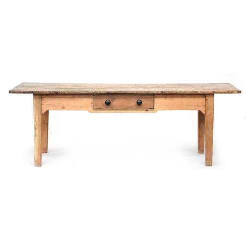 609 - A 19th century French pine farmhouse table, plank top with cleated ends, single large drawer, on squ... 