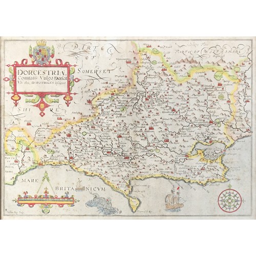 253 - William Kip, 'Dorcestriae, Comitatis Vulgo Dorsett', 17th century coloured engraving after Saxton's ... 