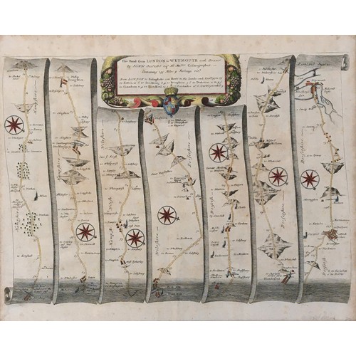 255 - John Ogilby, The Road from London to Weymouth com. Dorset, (1675 or later), hand coloured engraved s... 
