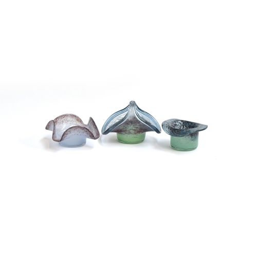 246 - Three pieces of Vasart glass, blue and green colours, quatrefoil dish, 14cm wide; loop handled dish,... 