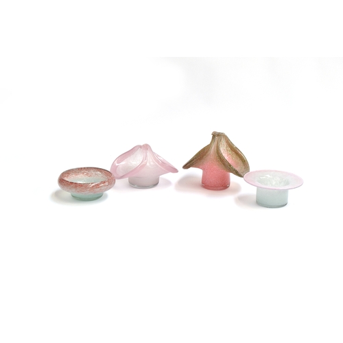 247 - Four pieces of Vasart glass, in pink and blue, two loop handled basket vases, 14cm wide; dish 11.5cm... 
