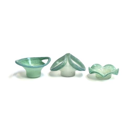 250 - Three pieces of Vasart glass, moss agate green, a loop handle basket, 14cm wide; twin handled dish, ... 