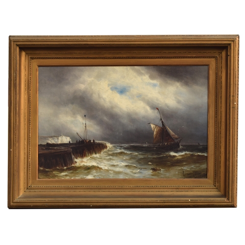 337 - Gustave de Breanski (British, 1856-1898), Returning to harbour in a gale, oil on canvas, signed lowe... 