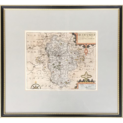 257 - Christopher Saxton (act.c.1540-1610) with William Kip, hand coloured map of Bedford, 27.5 x 33cm