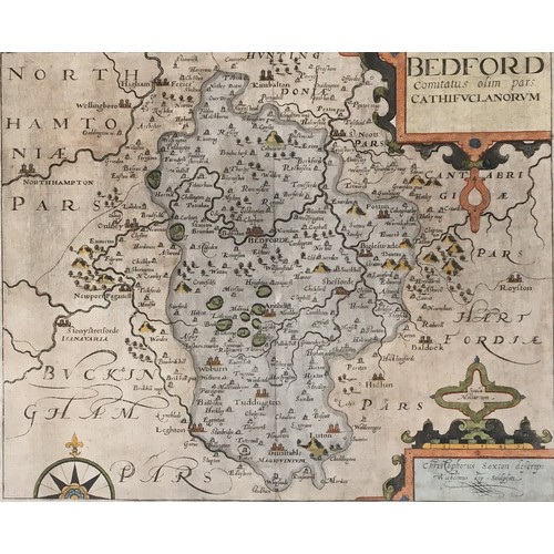 257 - Christopher Saxton (act.c.1540-1610) with William Kip, hand coloured map of Bedford, 27.5 x 33cm
