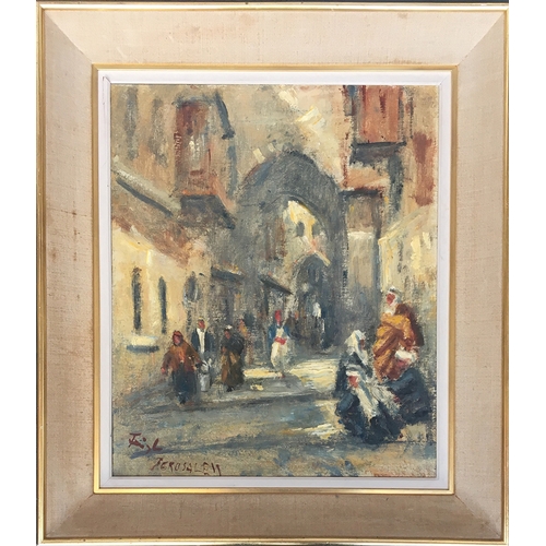 353 - 20th century oil on board, Jerusalem street scene, titled and signed indistinctly lower left, 48 x 4... 