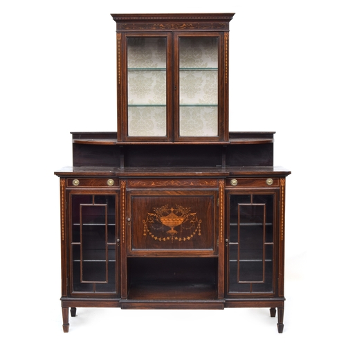 607 - An early 20th century mahogany and marquetry breakfront side cabinet by Edwards and Roberts, the top... 