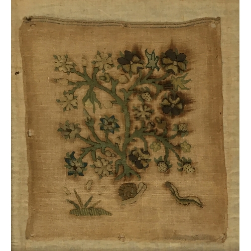 268 - An 18th century sampler depicting wild strawberries with snails and caterpillars, 23 x 21cm