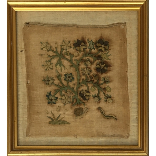 268 - An 18th century sampler depicting wild strawberries with snails and caterpillars, 23 x 21cm