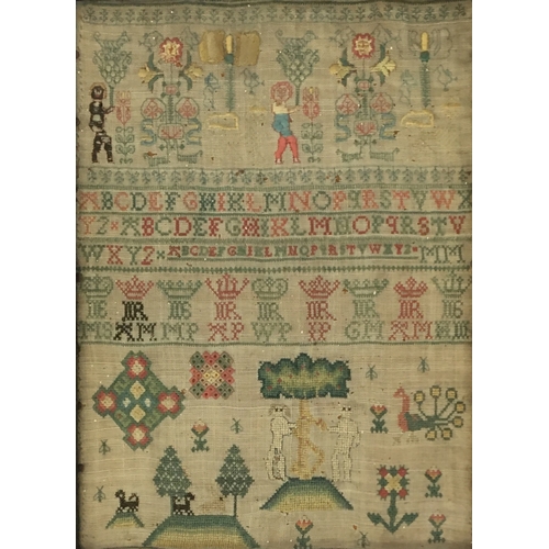 269 - An early alphabet sampler, also worked with trees, animals, and figures, 30.5 x 22cm