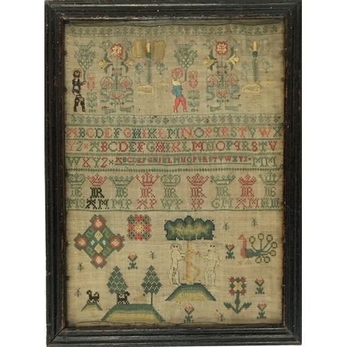 269 - An early alphabet sampler, also worked with trees, animals, and figures, 30.5 x 22cm