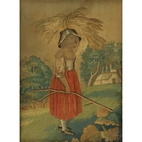 270 - A naive Georgian needlework on printed silk depicting a harvest girl, 25 x 18.5cm