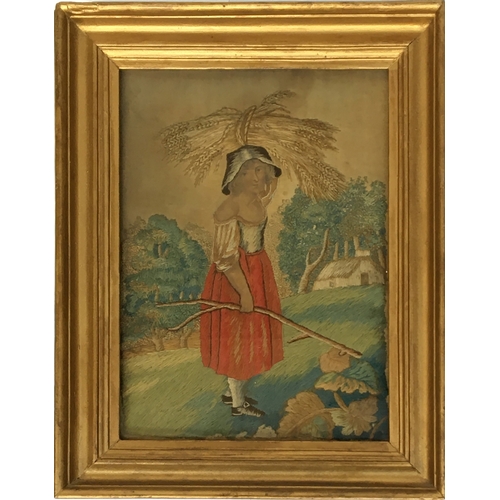 270 - A naive Georgian needlework on printed silk depicting a harvest girl, 25 x 18.5cm