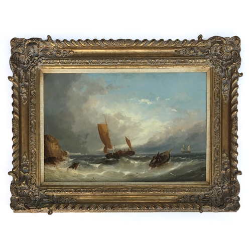 339 - William Henry Williamson (1820-1883), fishing boats in a squall off the coast, oil on board, signed ... 