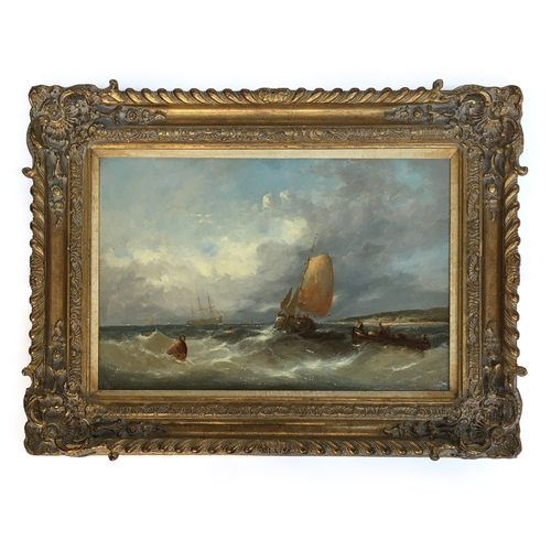 340 - William Henry Williamson (1820-1883), fishing boats in a squall off the coast, oil on board, signed ... 