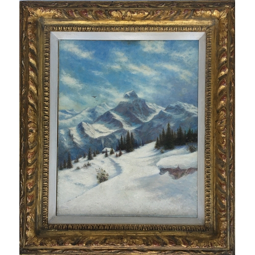 343 - Josef Straka (1864-1946), A snowy mountainous landscape with smoke coming from the chimney of a log ... 