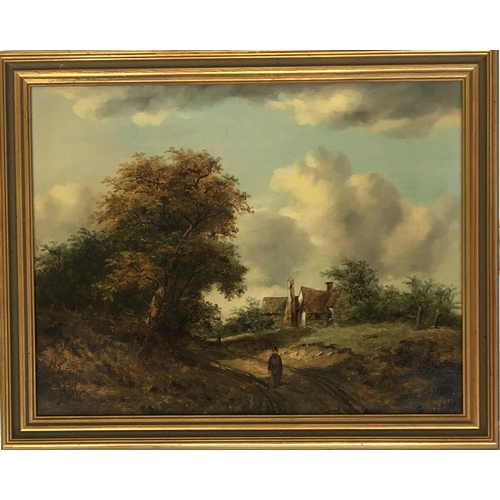 332 - Manner of John Constable (British, 1776 - 1837), cottage in a rural setting with figure in the foreg... 