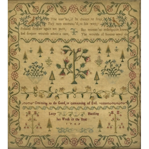 264 - An 18th century needlework verse and picture sampler, 'Lucy Harding, her Work in the Year 1785', 35.... 