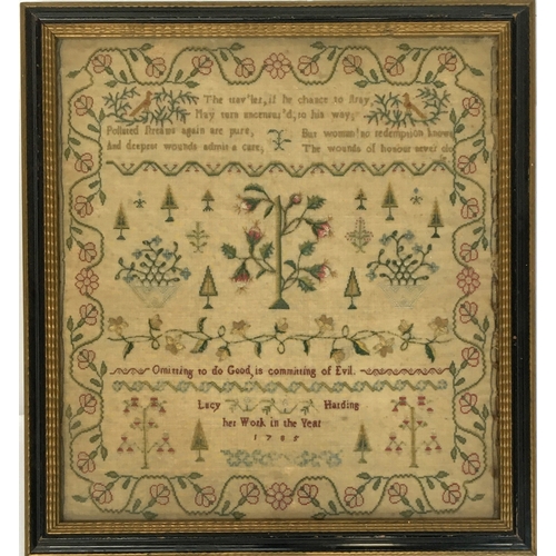 264 - An 18th century needlework verse and picture sampler, 'Lucy Harding, her Work in the Year 1785', 35.... 