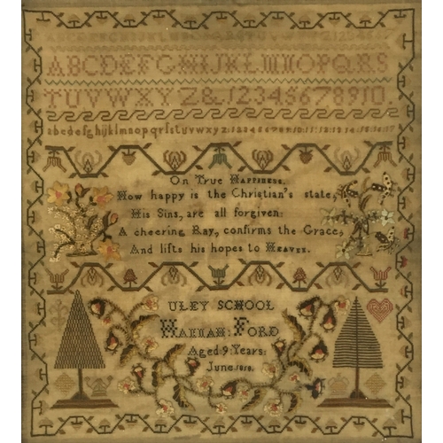 265 - An early 19th century alphabet sampler, 'On True Happiness...' 'Uley School, Hannah Ford, Aged 9 Yea... 