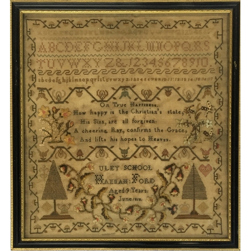 265 - An early 19th century alphabet sampler, 'On True Happiness...' 'Uley School, Hannah Ford, Aged 9 Yea... 