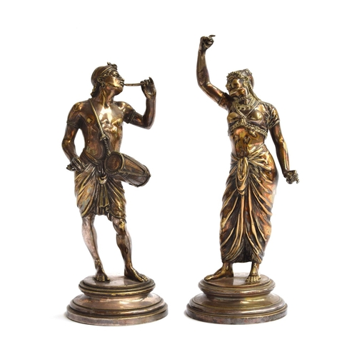 154 - After Emile Guillemin (1841-1907), a pair of silvered bronze figures, 23cm high and 26cm high