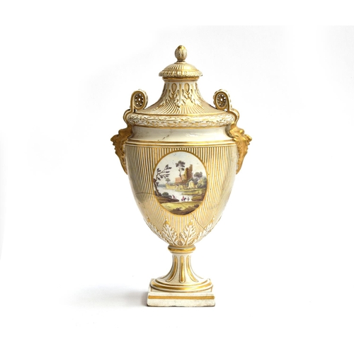 216 - A Chelsea-Derby lidded urn, with gilded satyr mask terminals and acorn finial, two hand painted pane... 