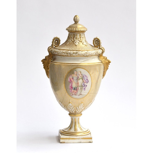 216 - A Chelsea-Derby lidded urn, with gilded satyr mask terminals and acorn finial, two hand painted pane... 