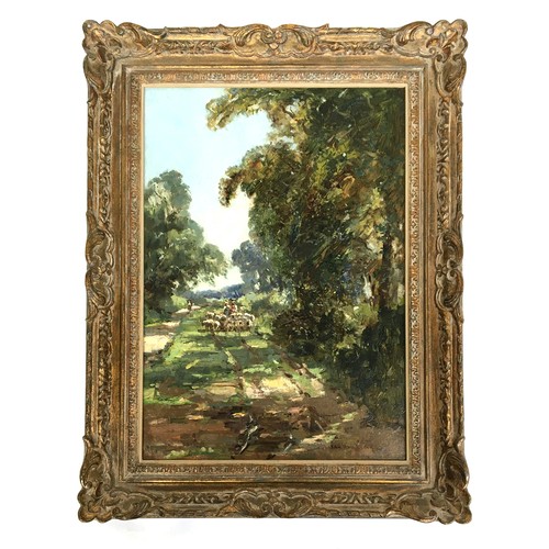344 - Early 20th century British, oil on board, sheep drove, signed indistinctly lower right 'John...', 47... 
