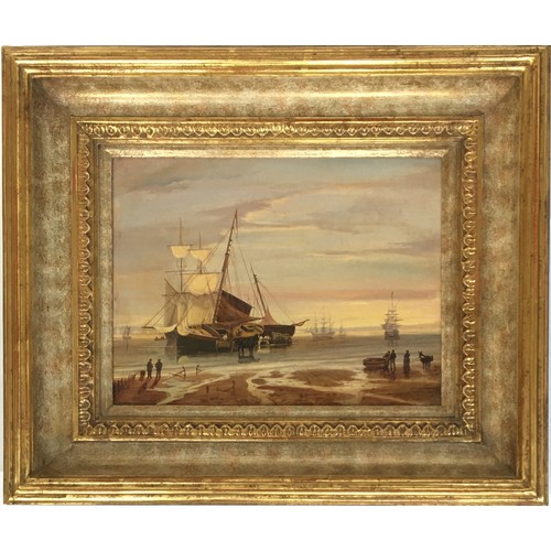 341 - 19th century British school, shipping in an estuary, oil on canvas, 22 x 29cm