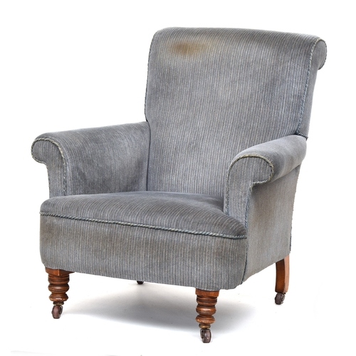 624 - A good 19th century armchair with outward scrolled arms, on turned front legs and casters