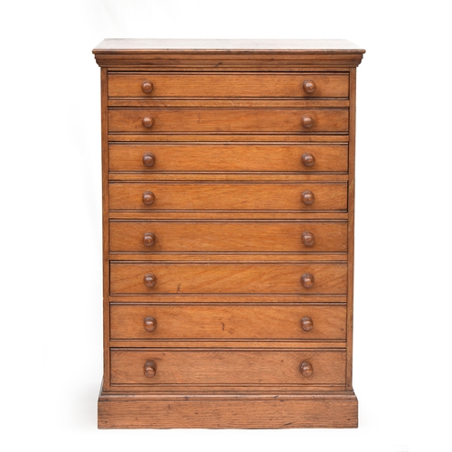 635 - A late 19th century oak specimen cabinet, moulded top over eight drawers, on plinth base, 43cm wide,... 