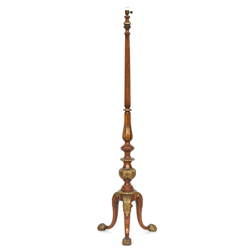 592 - A fine mahogany and parcel gilt standard lamp, the fluted column above acanthus detail, railed on th... 