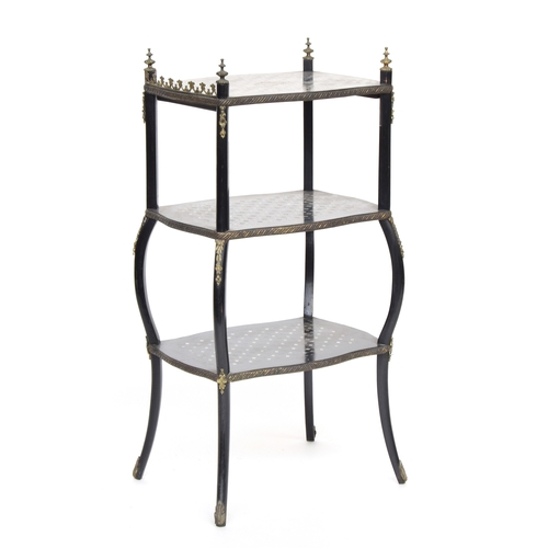 594 - An ebonised and mother of pearl inlaid three tier etagere, brass gallery with losses, 40cm wide, 30c... 