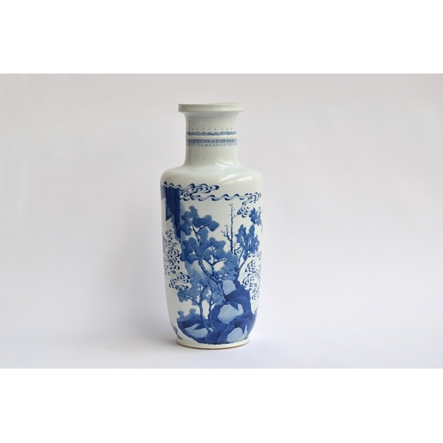 183 - A 19th century blue and white Chinese rouleau vase, depicting court scenes and a landscape amidst sw... 