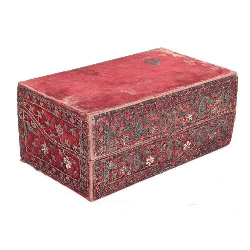 160 - A Persian velvet covered pine box, metal thread decoration in the form of birds amongst foliage, wit... 