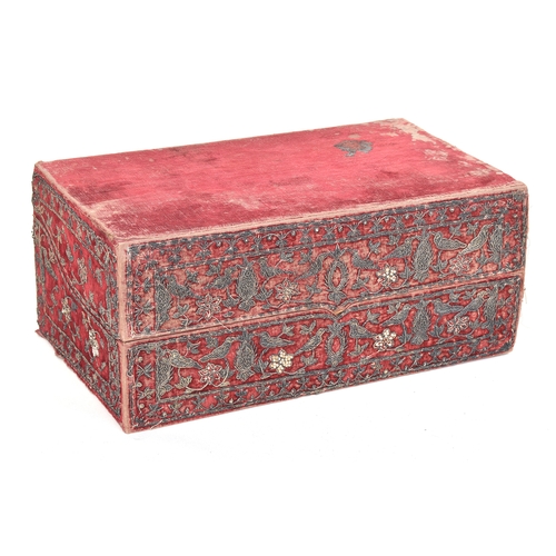 160 - A Persian velvet covered pine box, metal thread decoration in the form of birds amongst foliage, wit... 