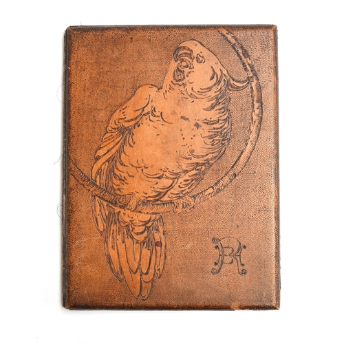 155 - An unusual early 20th century wooden notepad cover decorated with pyrography designs of cockatiels, ... 