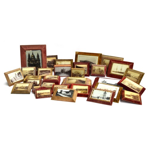 159 - A large collection of Victorian velvet photo frames and trinket boxes with glazed lids inset with po... 