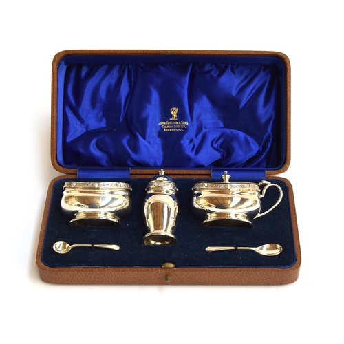 71 - A cased silver cruet set by Adie Brothers Ltd, Birmingham 1938, retailed by John Bagshaw, comprising... 