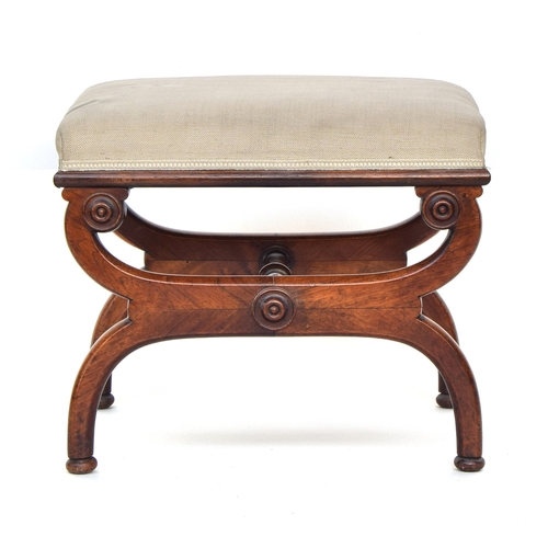 617 - A Regency mahogany x-frame stool, of rectangular form, the legs united by a turned stretcher, 53cm w... 