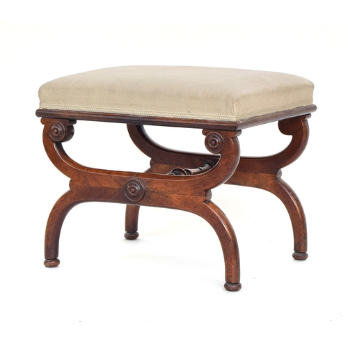 617 - A Regency mahogany x-frame stool, of rectangular form, the legs united by a turned stretcher, 53cm w... 