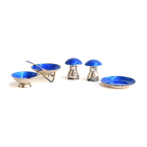 73 - A Danish silver and dark blue guilloche enamel cruet set by Egon Lauridsen, comprising a pair of sil... 