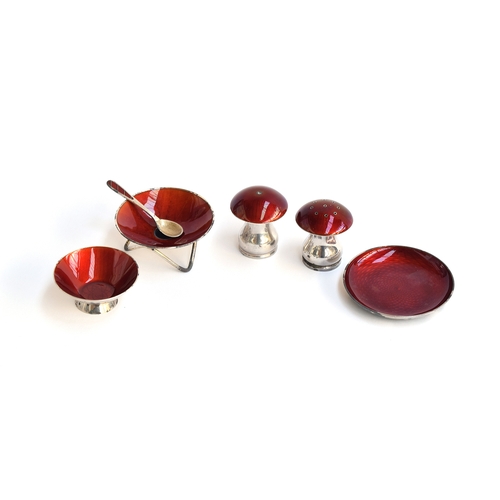 74 - A Danish silver and dark red guilloche enamel cruet set by Egon Lauridsen, comprising a pair of silv... 