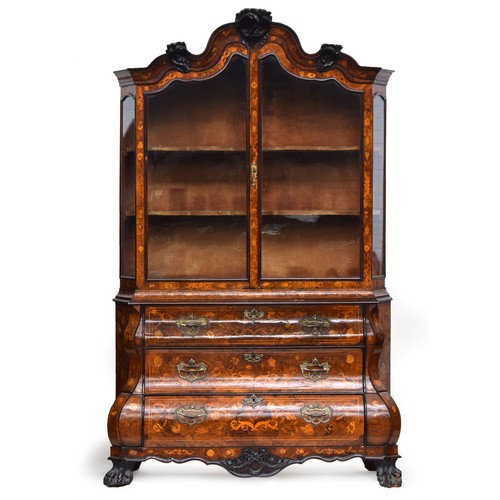 608 - A Dutch walnut and floral marquetry display cabinet on chest, bearing stamp of Edwards & Roberts, ri... 