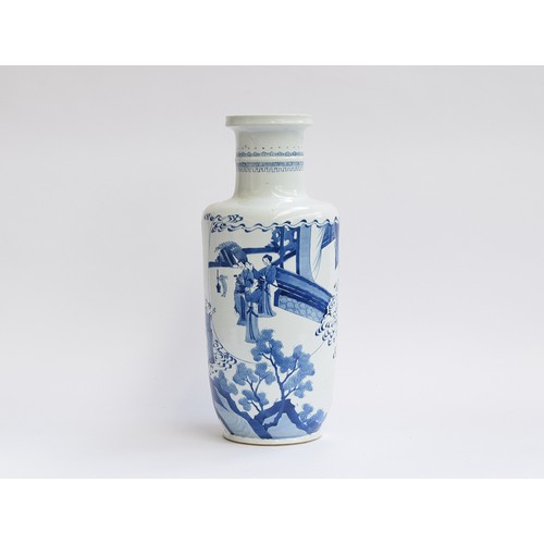 183 - A 19th century blue and white Chinese rouleau vase, depicting court scenes and a landscape amidst sw... 