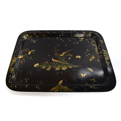 163 - A large Regency papier mache and chinoiserie rectangular tray, depicting pheasants amongst foliage s... 