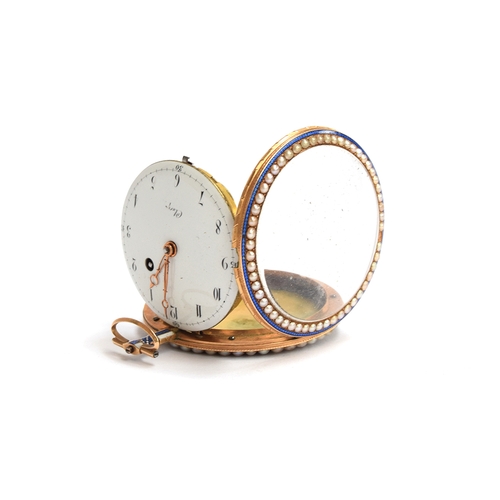 33 - A gold plate, half-pearl and guilloche enamel ladies pocket watch by Clary a Geneve, the white ename... 